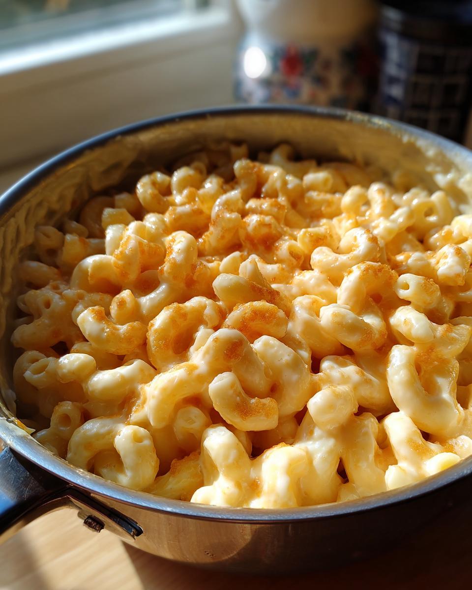 Close-up of creamy 3 ingredient stovetop mac and cheese in a pot, sprinkled with paprika.