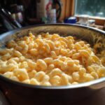 Close-up of creamy 3 ingredient stovetop mac and cheese in a stainless steel pan.
