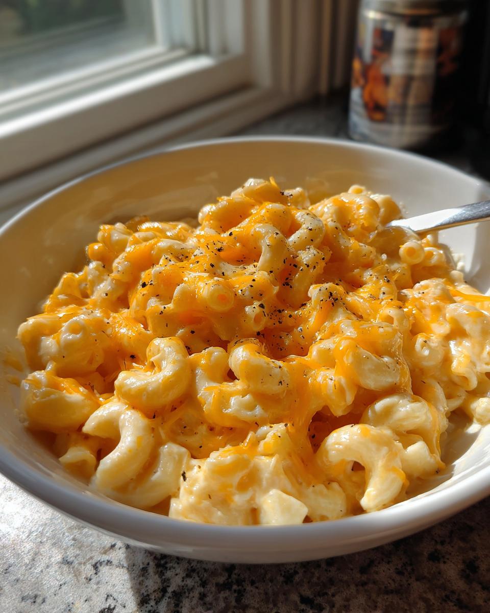 Close-up of a bowl of creamy 3 ingredient stovetop mac and cheese topped with melted cheddar and black pepper.