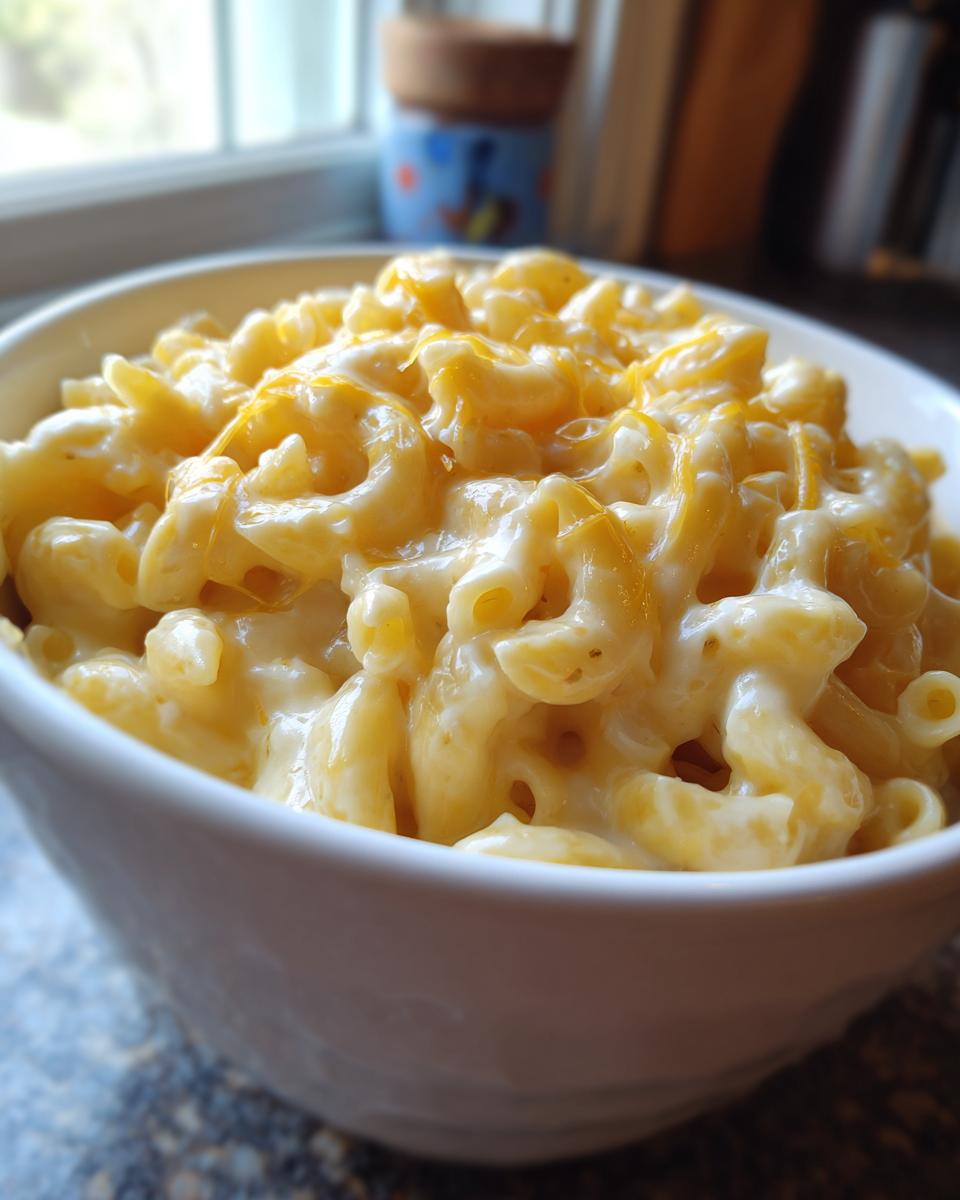 Close-up of creamy 3 ingredient stovetop mac and cheese in a white bowl, topped with melted cheese.
