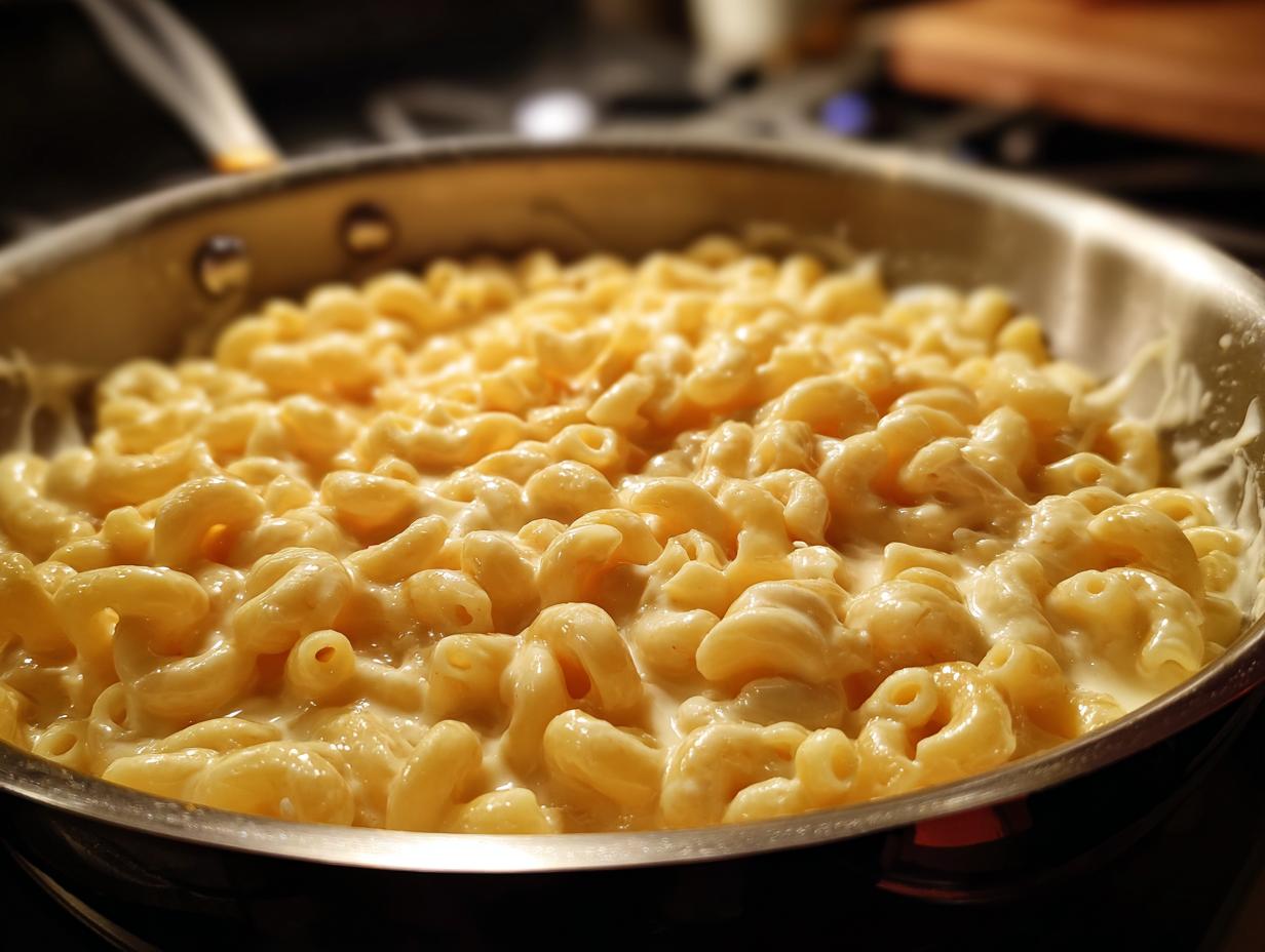 Close-up of creamy 3 ingredient stovetop mac and cheese in a stainless steel pan.