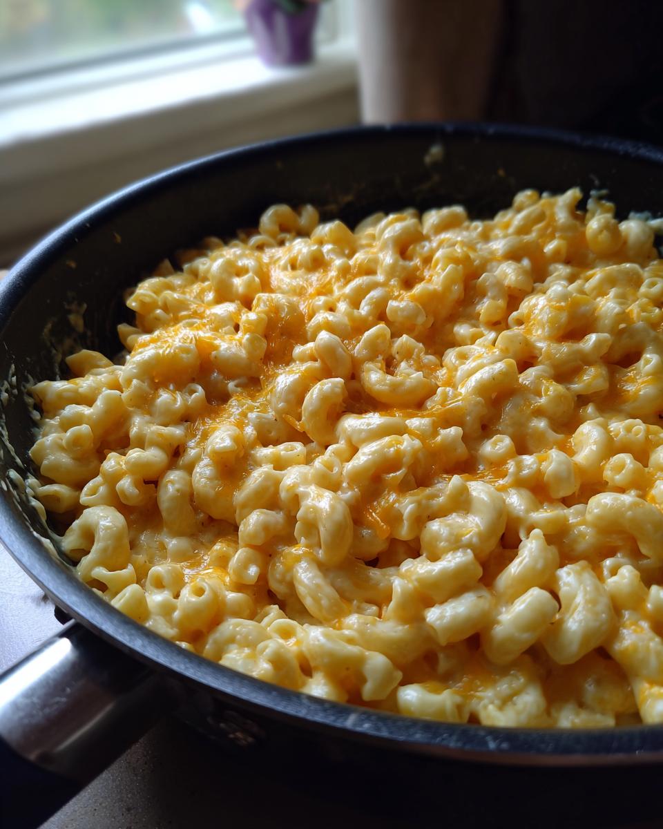 Close-up of creamy 3 ingredient stovetop mac and cheese in a black skillet, topped with melted cheddar cheese.
