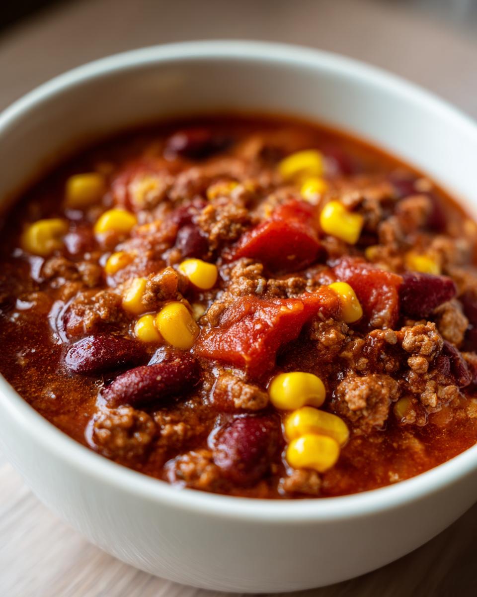 Close-up of a bowl of delicious 30-minute chili, featuring ground beef, kidney beans, corn, and tomatoes.