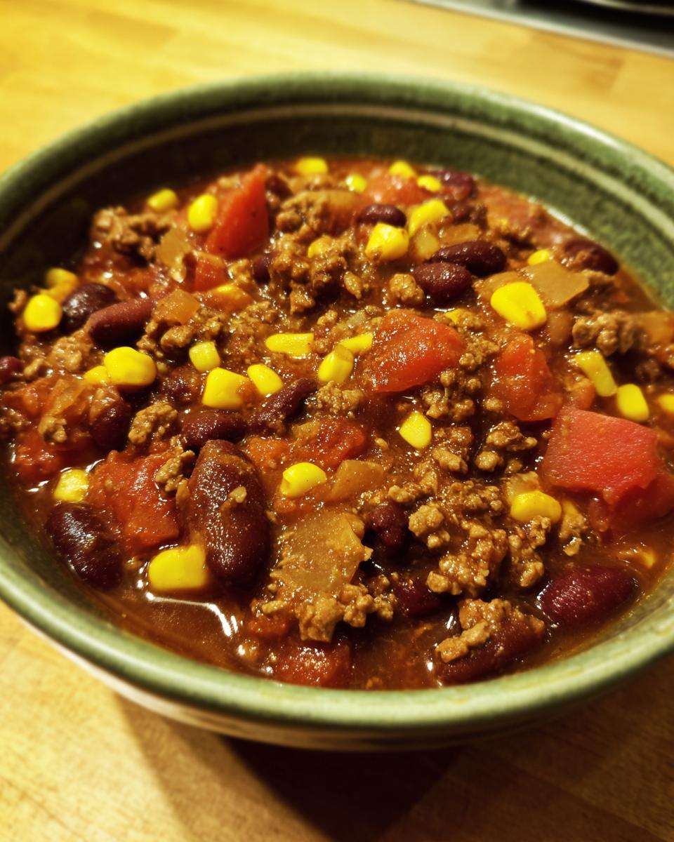 Close-up of a bowl filled with hearty 30-minute chili, featuring ground beef, kidney beans, corn, and diced tomatoes.