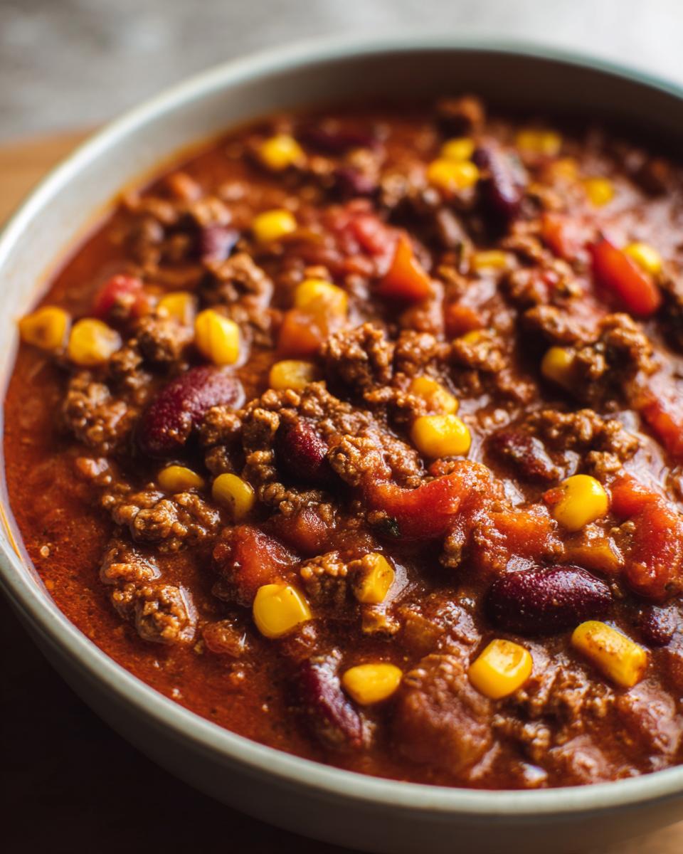 Close-up of a hearty bowl of 30-minute chili, featuring ground beef, kidney beans, corn, and tomatoes in a rich sauce.