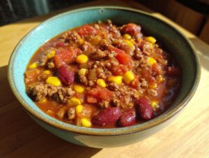 A close-up of a bowl filled with delicious 30-minute chili, featuring ground beef, kidney beans, corn, and tomatoes.