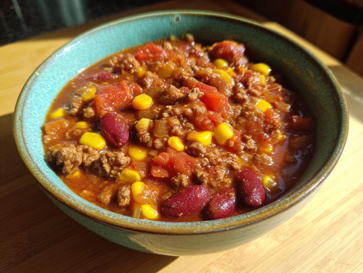 A close-up of a bowl filled with delicious 30-minute chili, featuring ground beef, kidney beans, corn, and tomatoes.