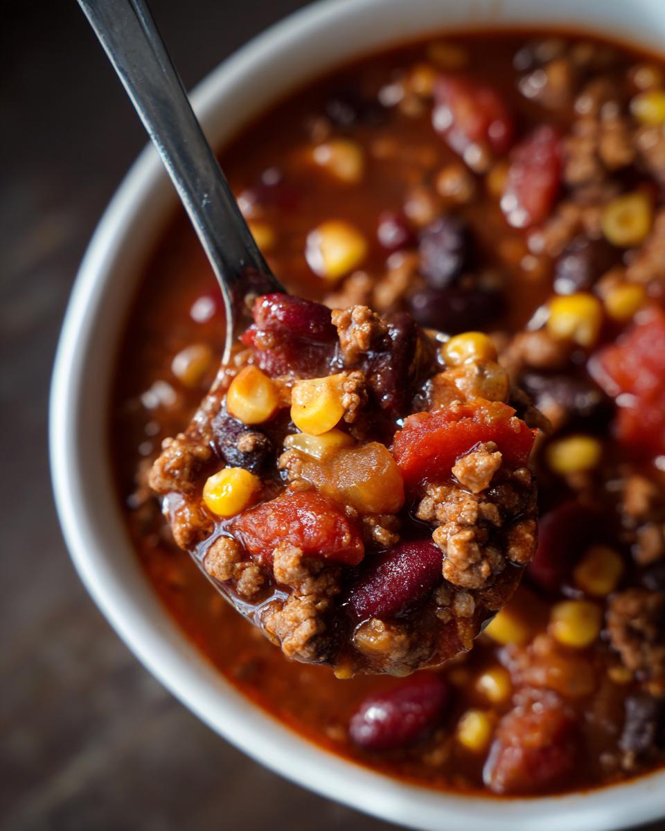 A spoonful of hearty 30-minute chili, showing ground beef, kidney beans, corn, and tomatoes.