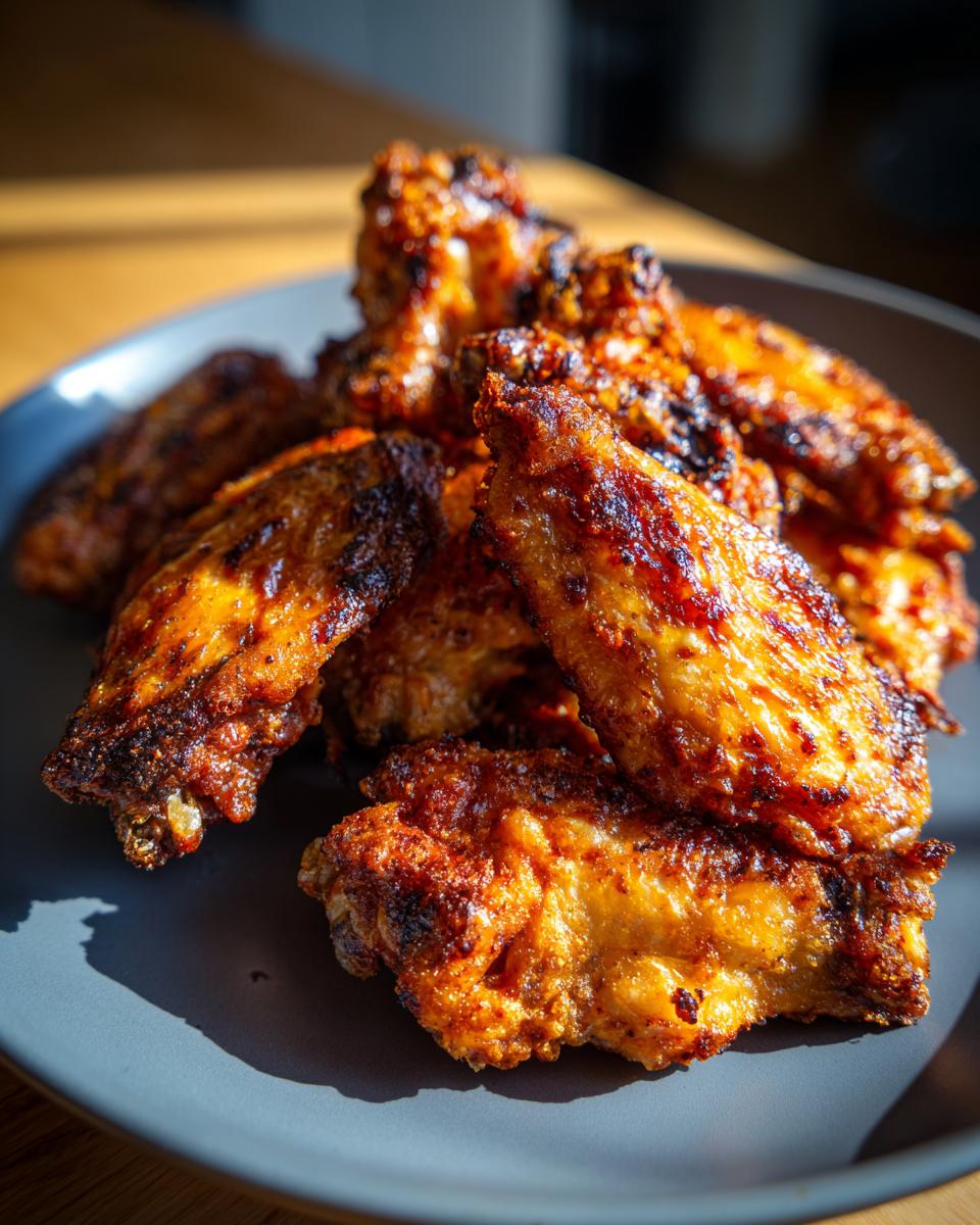 A close-up, overhead view of a plate piled high with golden-brown, crispy air fryer chicken wings.