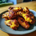 Close-up of a pile of golden-brown, crispy Air Fryer Chicken Wings seasoned with spices, served on a dark plate.