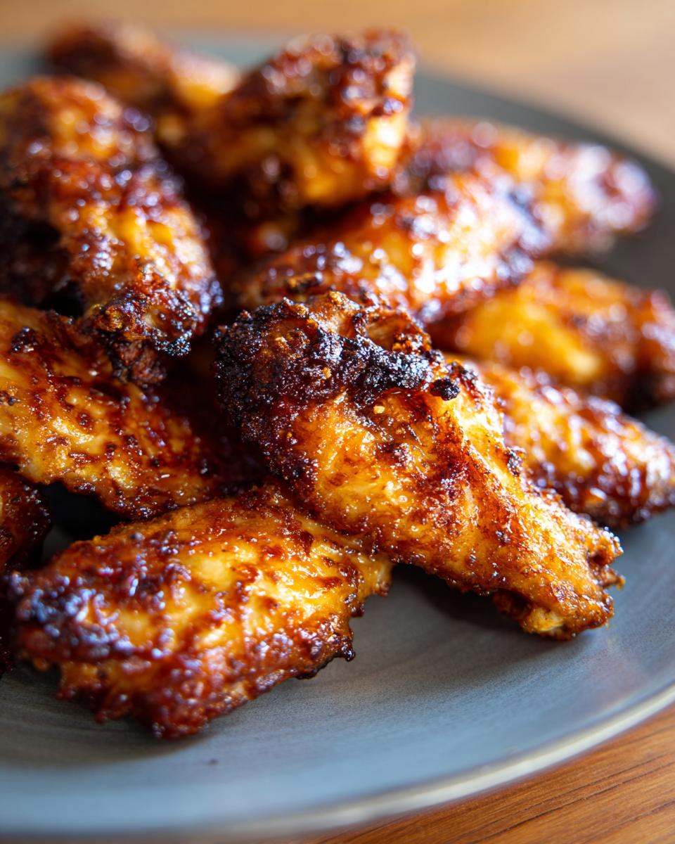 Close-up of a plate piled high with golden-brown, crispy air fryer chicken wings.