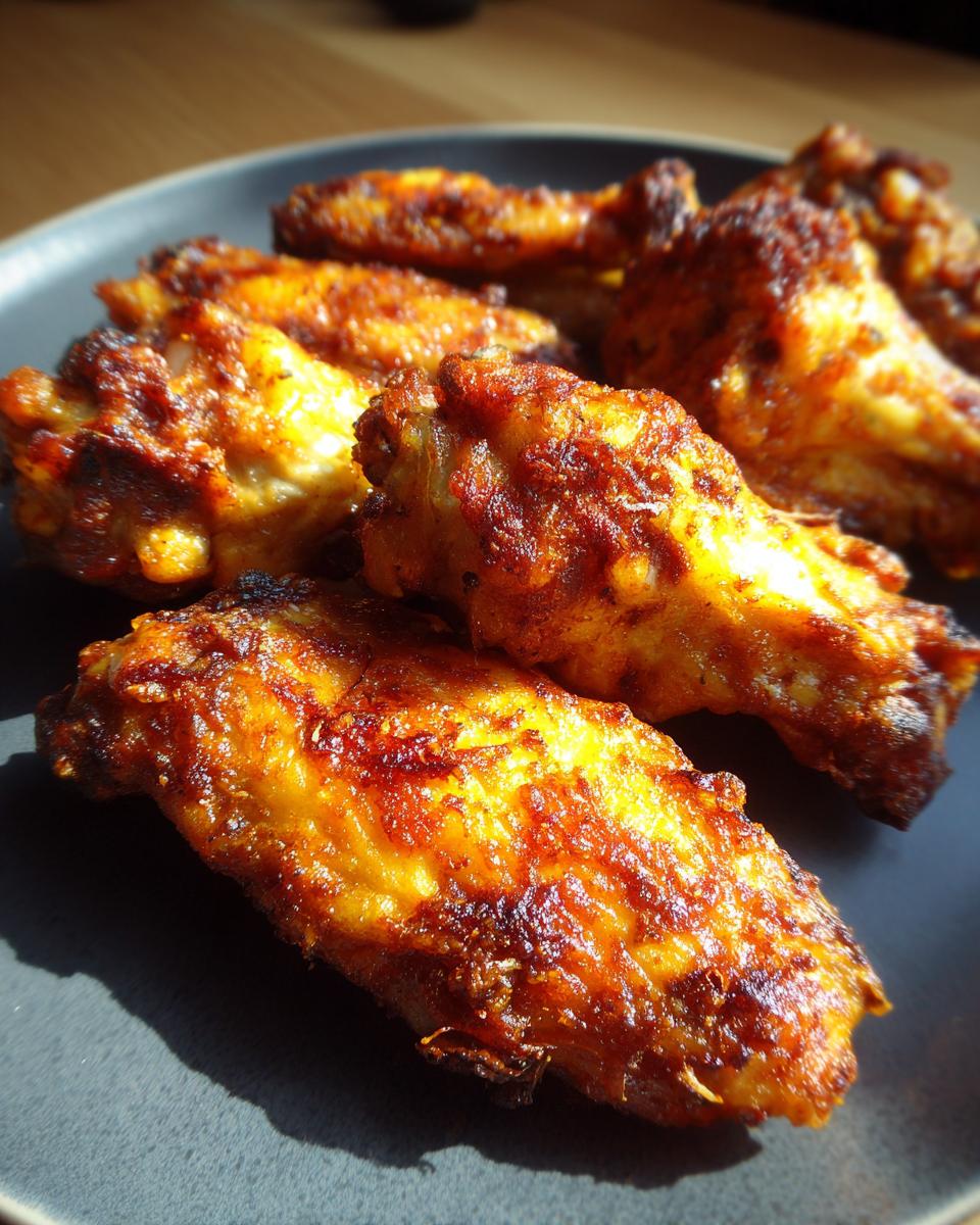 Close-up of golden brown, crispy Air Fryer Chicken Wings piled on a dark plate, ready to be enjoyed.