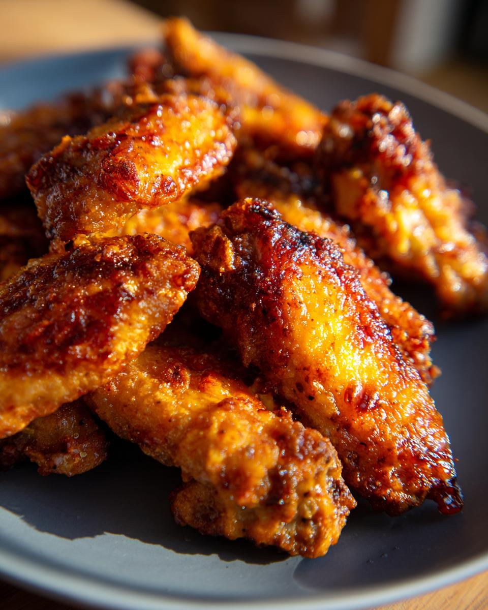 A close-up shot of a pile of perfectly cooked, crispy air fryer chicken wings on a dark plate.