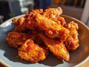 A close-up shot of a pile of golden-brown, crispy air fryer chicken wings coated in a glossy sauce.