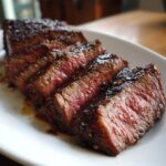 Close-up of perfectly cooked Alton Brown London broil, sliced and glistening with juices.