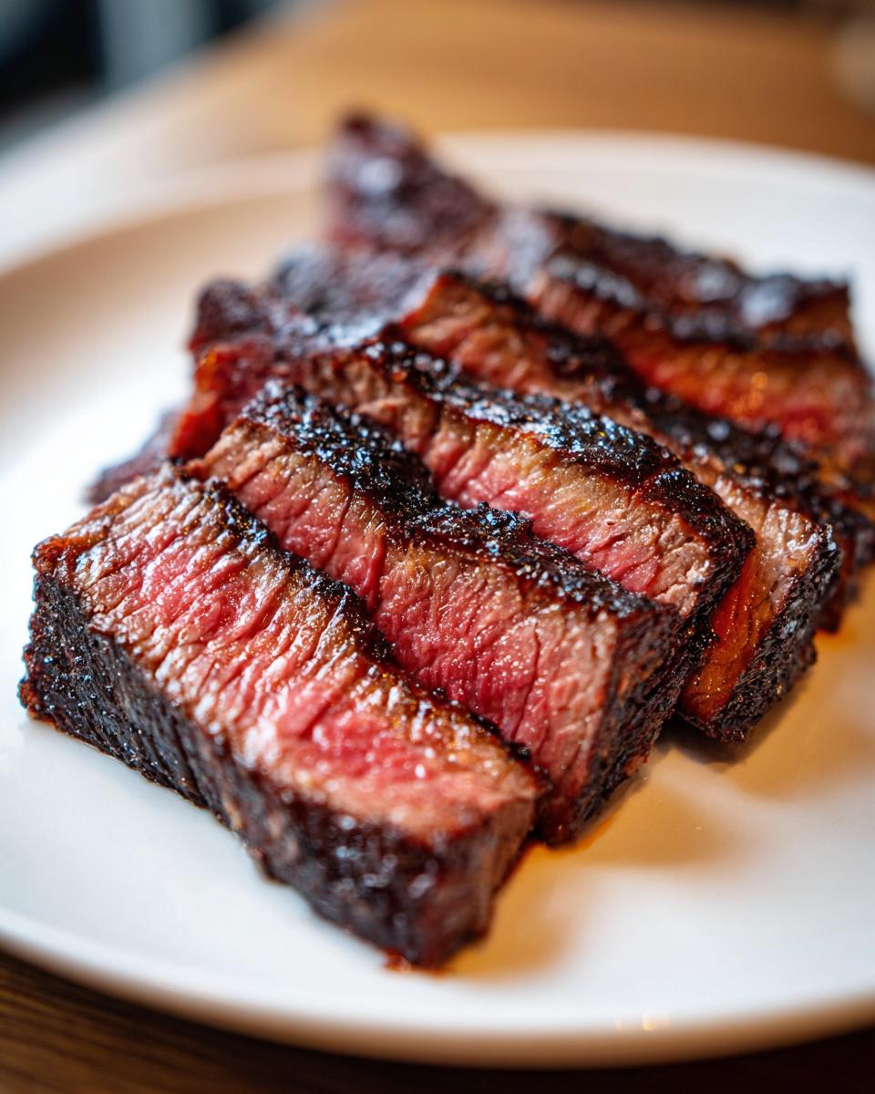 Close-up of perfectly cooked Alton Brown London broil, sliced to reveal a juicy pink center and a dark, flavorful crust.