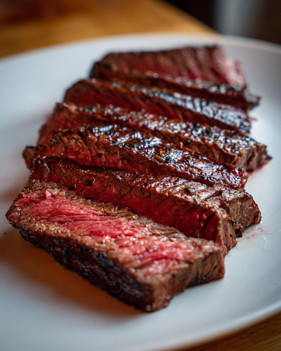 Close-up of perfectly cooked Alton Brown London broil, sliced to reveal a juicy, pink interior.