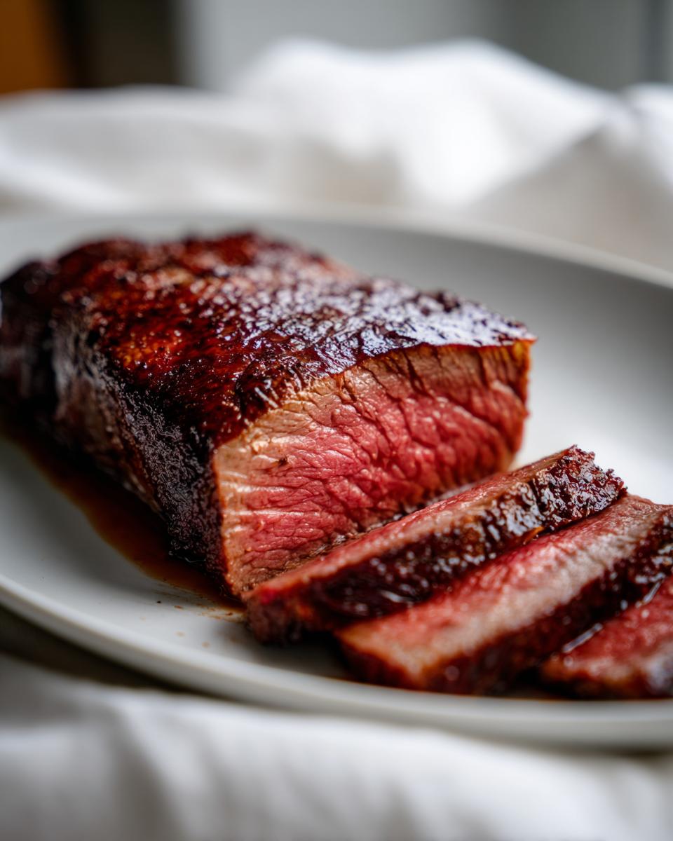 Close-up of a perfectly cooked Alton Brown London broil steak, sliced to reveal a juicy pink interior and a rich, dark crust.