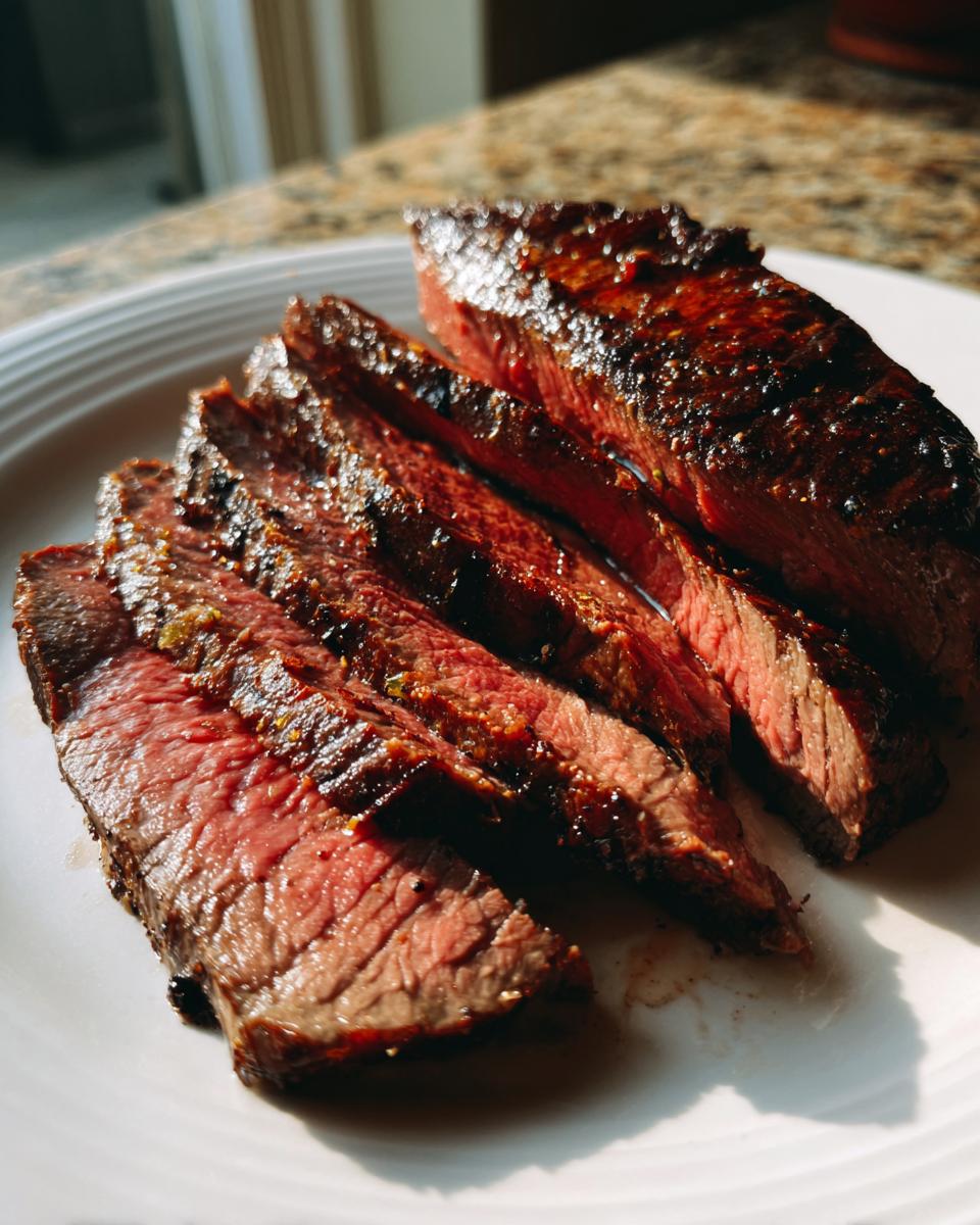 Close-up of perfectly cooked Alton Brown London broil steak, sliced and served on a white plate.