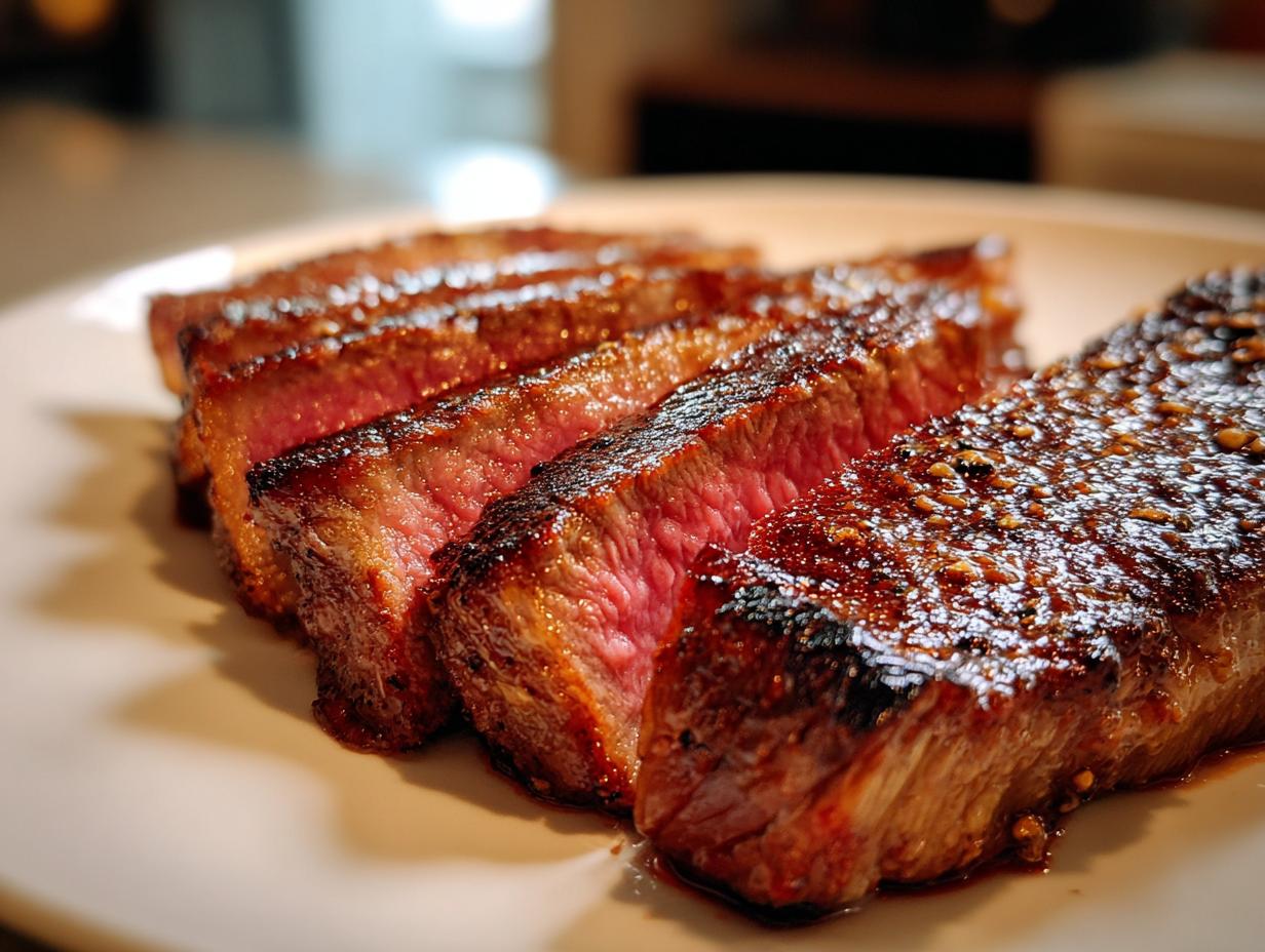 Close-up of perfectly cooked Alton Brown London broil steak, sliced and showing a juicy pink center with a seared crust.