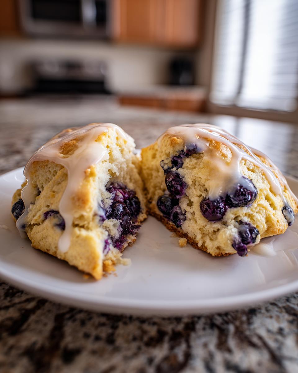 A close-up of two halves of a blueberry scone, drizzled with glaze and bursting with fresh blueberries.