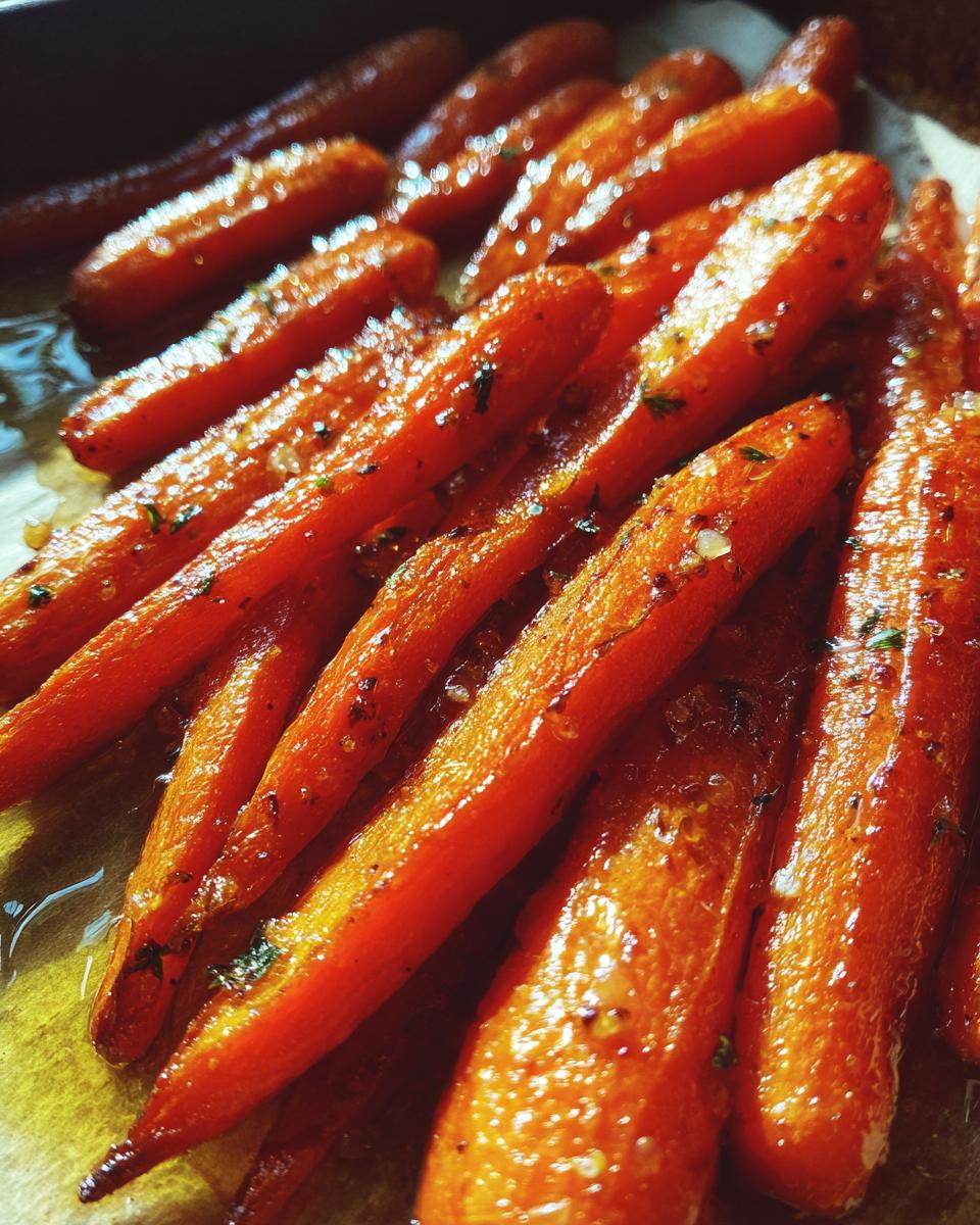 Close-up of perfectly roasted carrots, glistening with a sweet glaze and herbs.