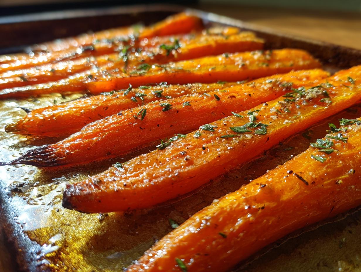 Close-up of perfectly roasted carrots, glistening with oil and sprinkled with herbs and seasoning on a baking sheet.