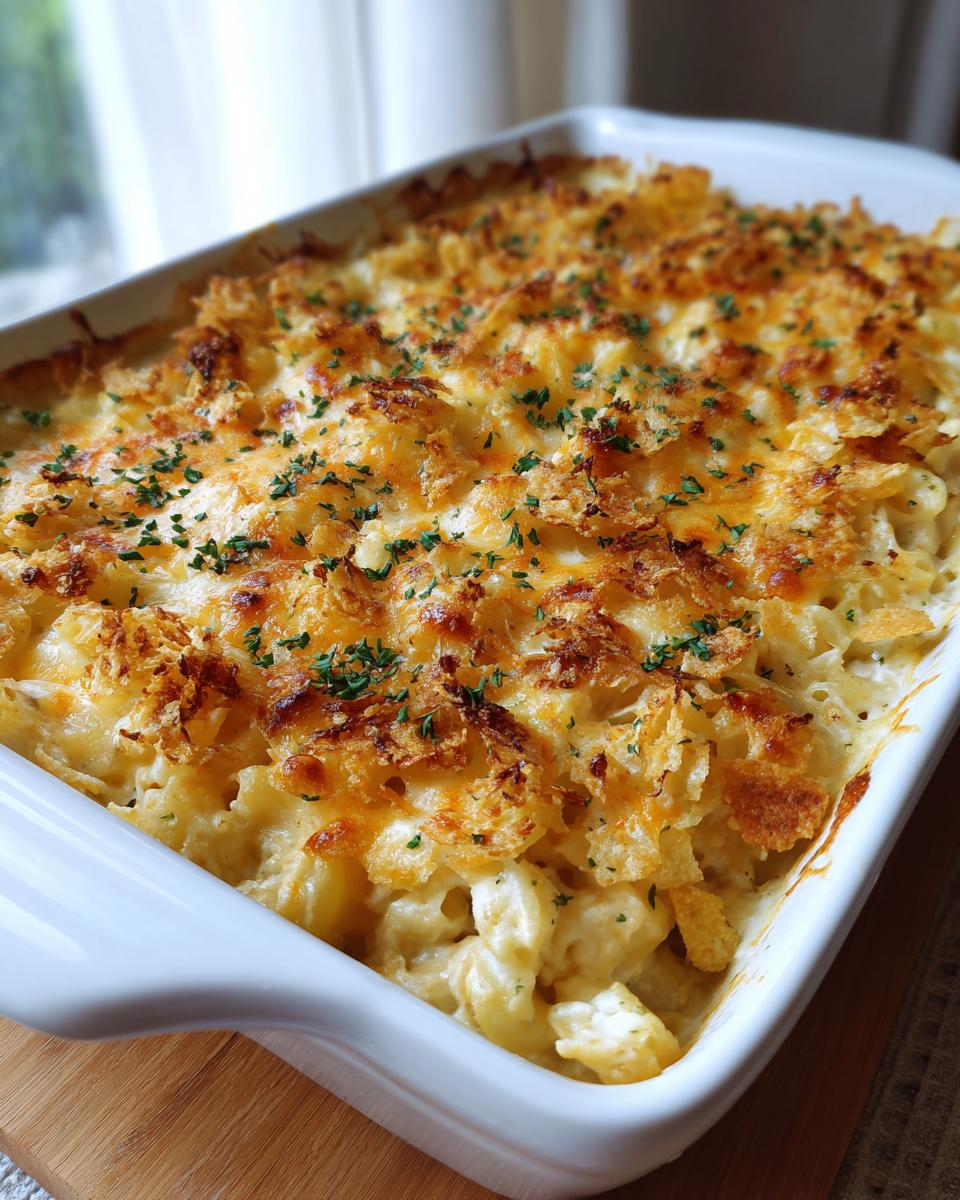 A close-up view of a golden-brown baked Tuna Casserole topped with crispy breadcrumbs and fresh parsley.