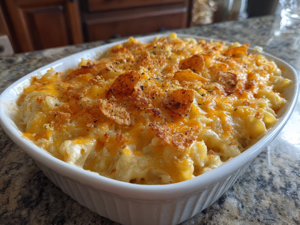 Close-up of a golden-brown baked Tuna Casserole in a white dish, topped with melted cheese and crunchy breadcrumbs.