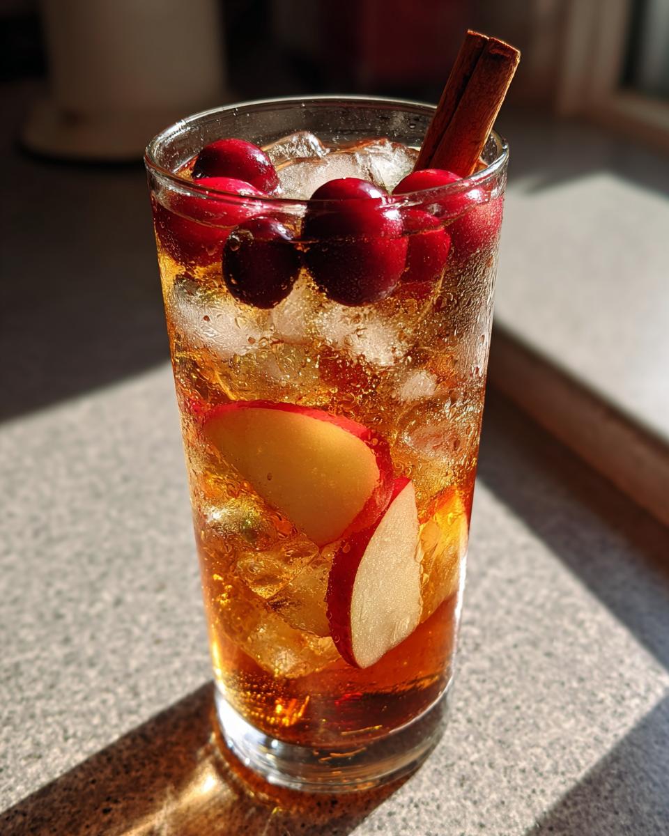 A tall glass filled with Apple Cider Long Island Iced Tea, ice, apple slices, cranberries, and a cinnamon stick.