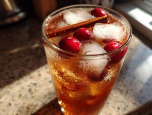 Close-up of a tall glass filled with Apple Cider Long Island Iced Tea, ice, cranberries, and a cinnamon stick.