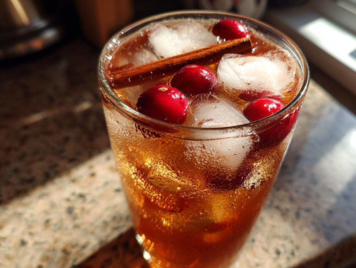 Close-up of a tall glass filled with Apple Cider Long Island Iced Tea, ice, cranberries, and a cinnamon stick.