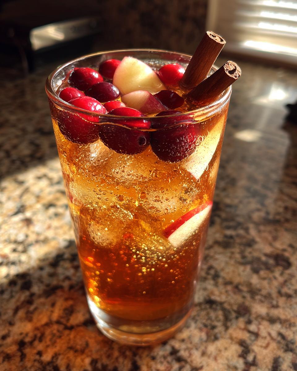 A refreshing Apple Cider Long Island Iced Tea cocktail garnished with fresh cranberries, apple slices, and cinnamon sticks.