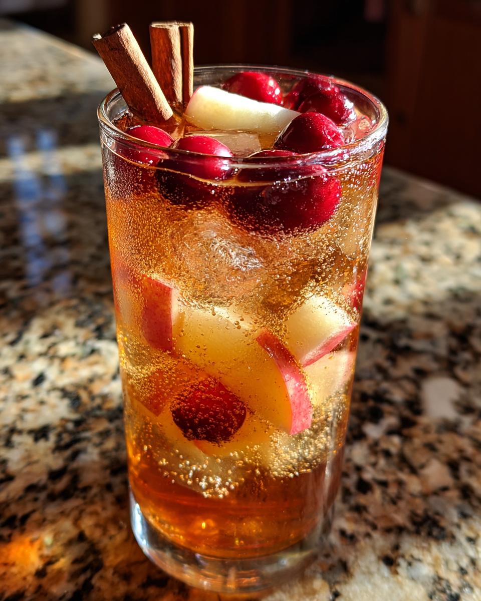 A tall glass filled with Apple Cider Long Island Iced Tea, garnished with apple slices, cranberries, and cinnamon sticks.