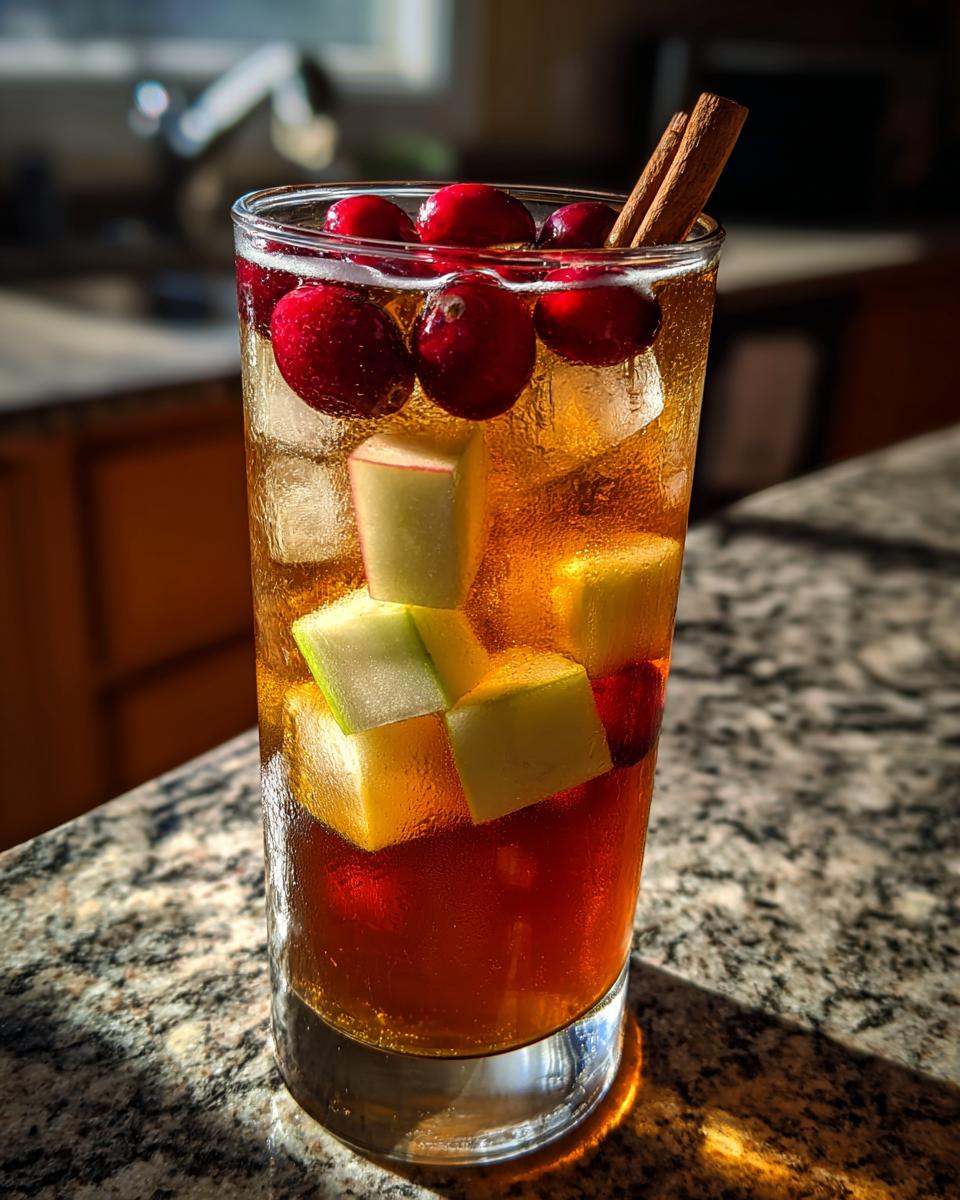 A tall glass of Apple Cider Long Island Iced Tea filled with ice, apple cubes, cranberries, and a cinnamon stick.