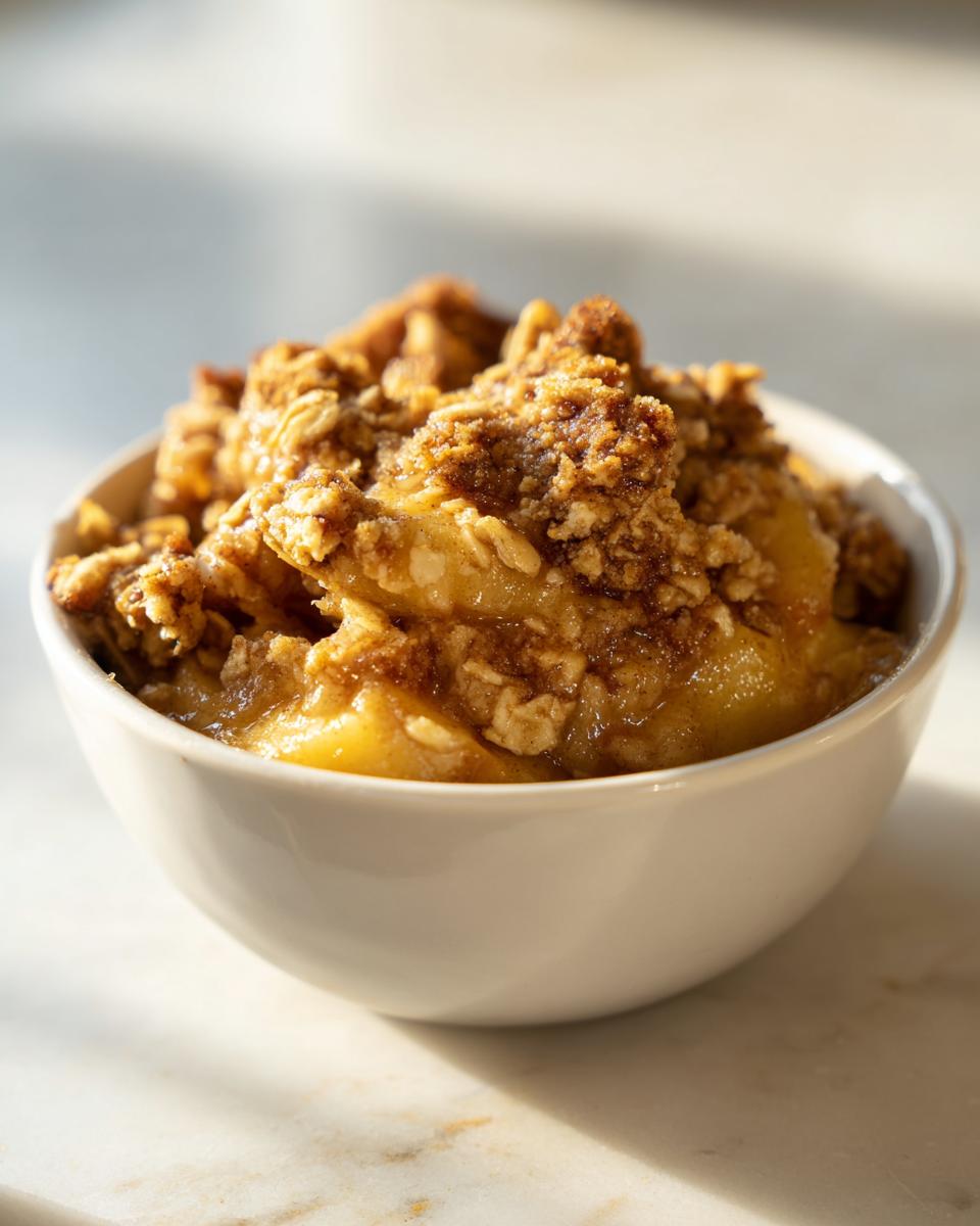 Close-up of a warm bowl of apple crumble, showing tender baked apples topped with a crunchy oat and cinnamon crumble.