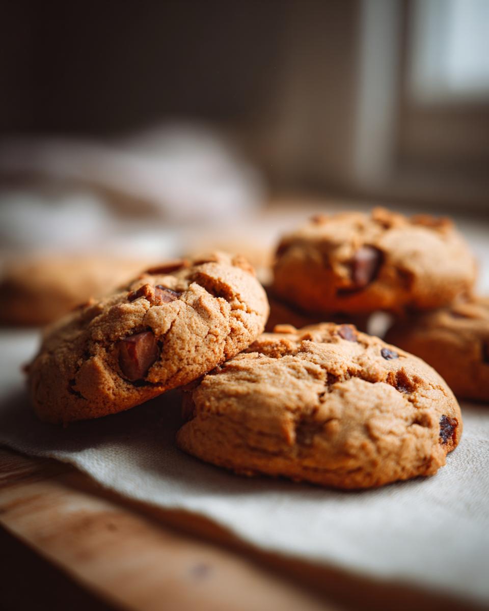 Close-up of warm, freshly baked apple pie cookies with visible chocolate chunks.