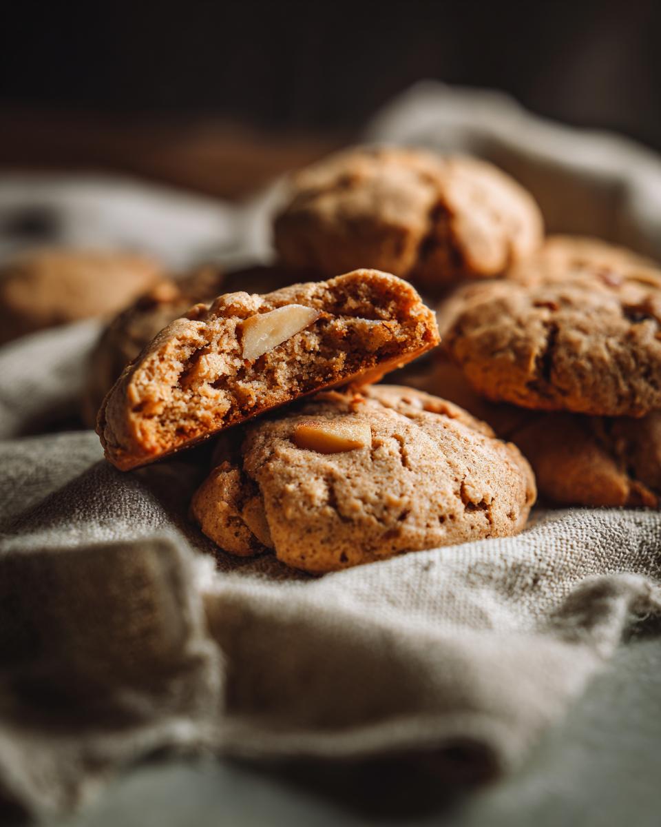 Close-up of a stack of apple pie cookies, one broken in half revealing apple chunks inside.