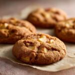 Close-up of freshly baked apple pie cookies with visible chunks of apple and a cinnamon sugar coating.