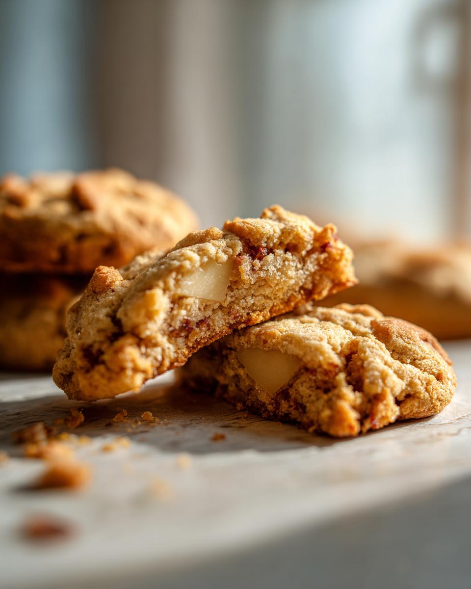 Close-up of a broken apple pie cookie, revealing chunks of apple and cinnamon filling.