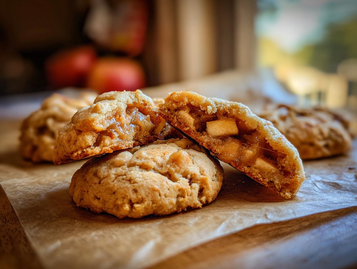 Close-up of two apple pie cookies, one broken in half to reveal a gooey apple filling and chunks of apple.