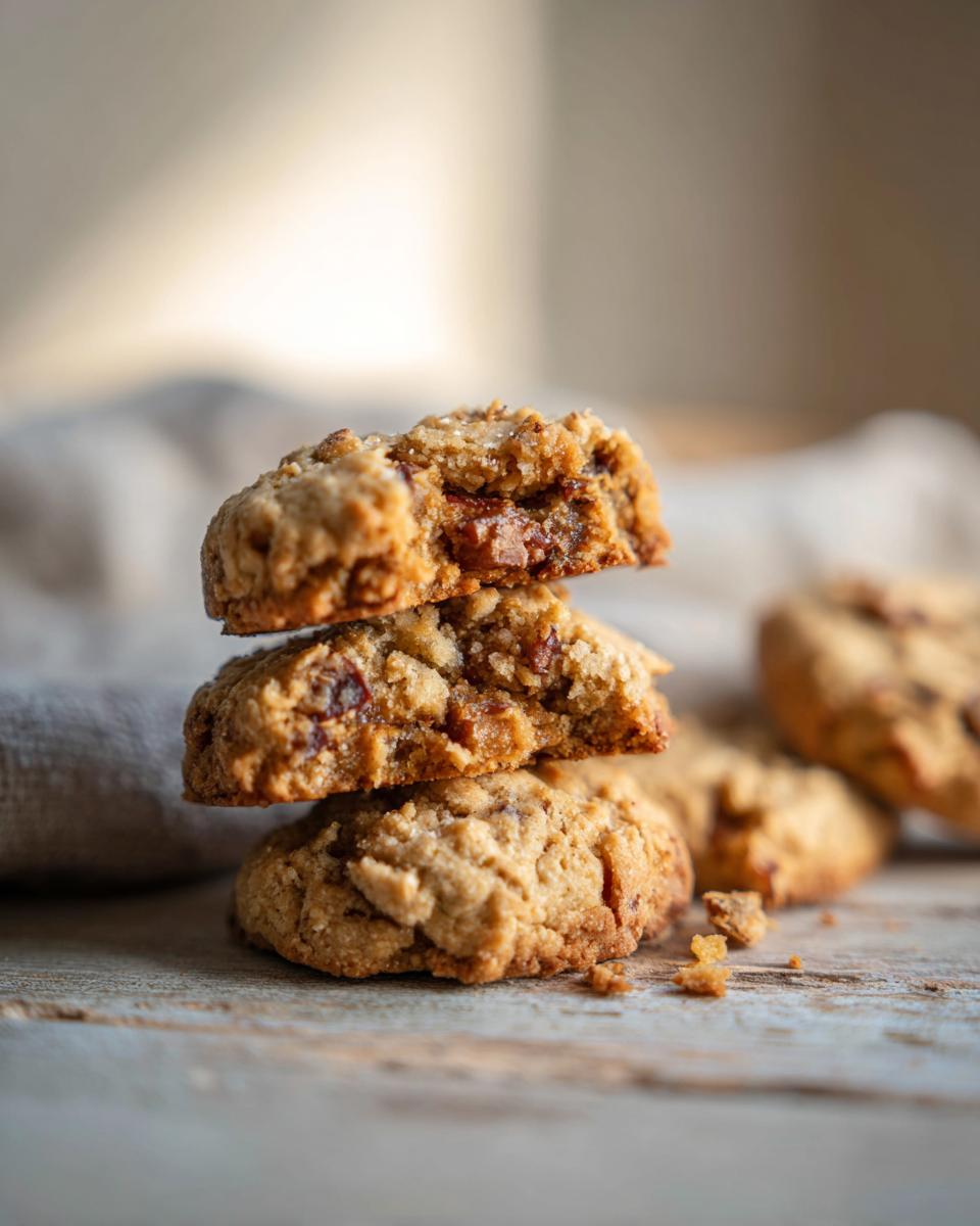 A stack of three delicious apple pie cookies, with a bite taken out of the top two, on a wooden surface.