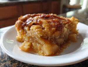 A close-up of a slice of warm apple pie dump cake on a white plate, showing tender apple chunks and a golden cake topping.