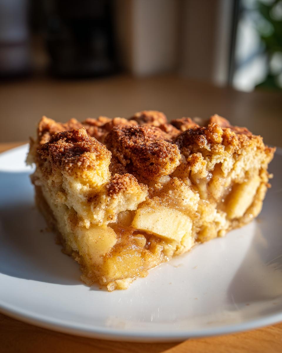 A close-up of a slice of apple pie dump cake on a white plate, showing tender apple chunks and a crumb topping.