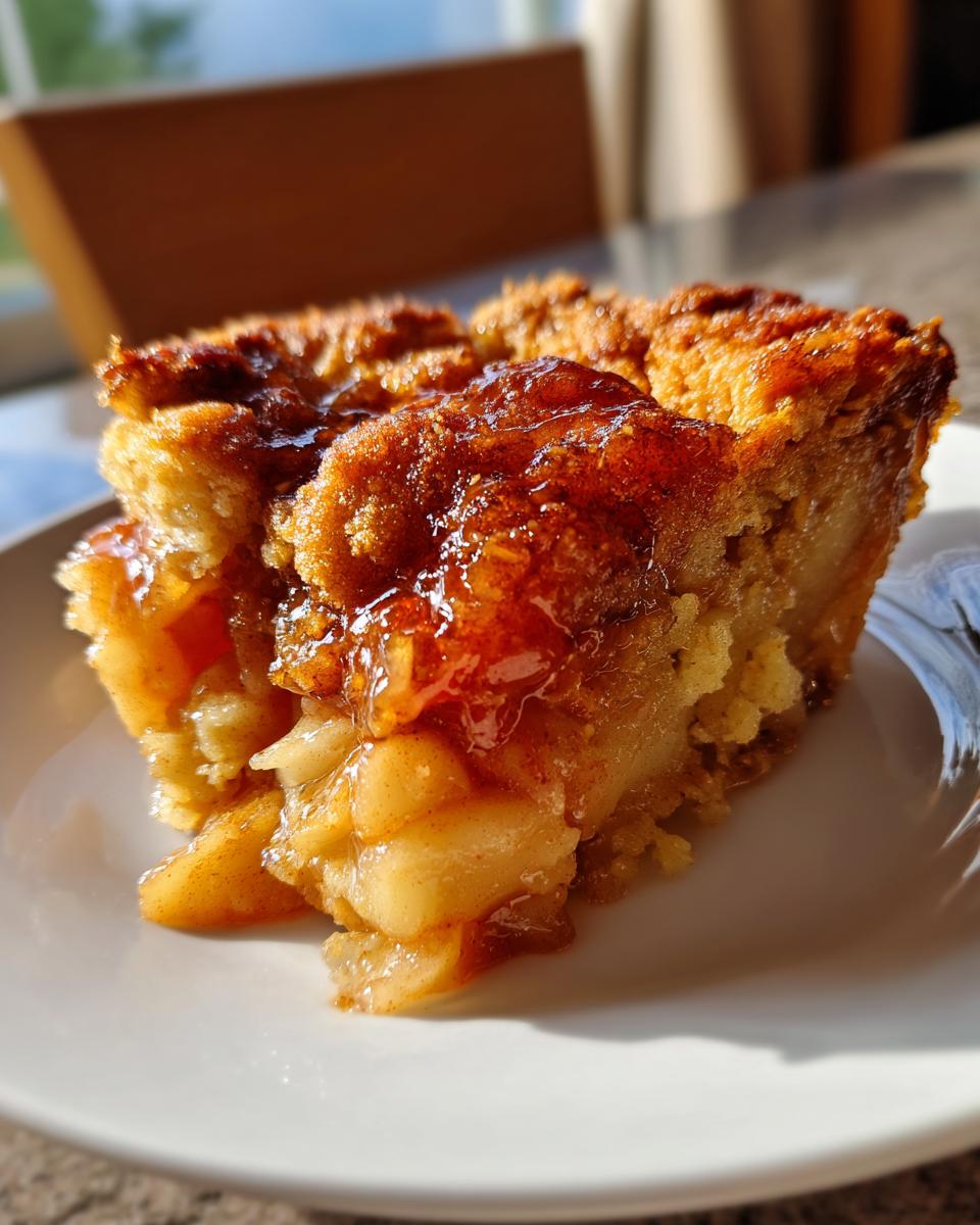 A close-up of a slice of apple pie dump cake on a white plate, showing tender apple pieces and a golden cake topping.