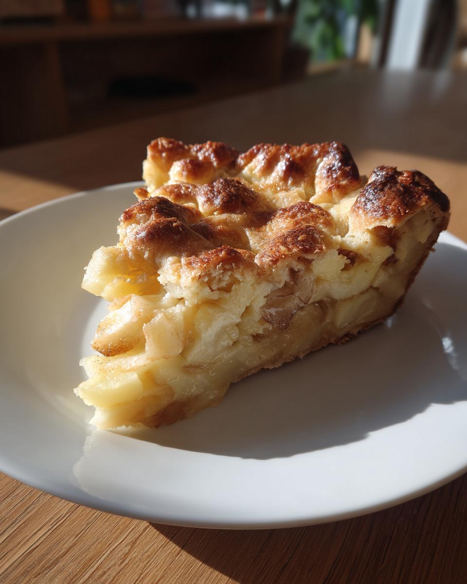 A close-up of a slice of apple pie dump cake on a white plate, showing the tender apple filling and golden crust.