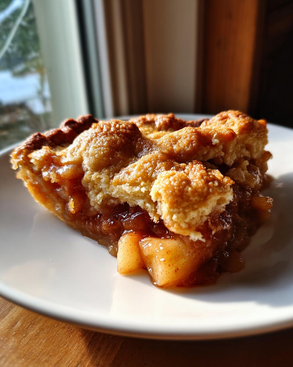 A close-up of a slice of apple pie dump cake on a white plate, showing tender apple chunks and a crumbly topping.