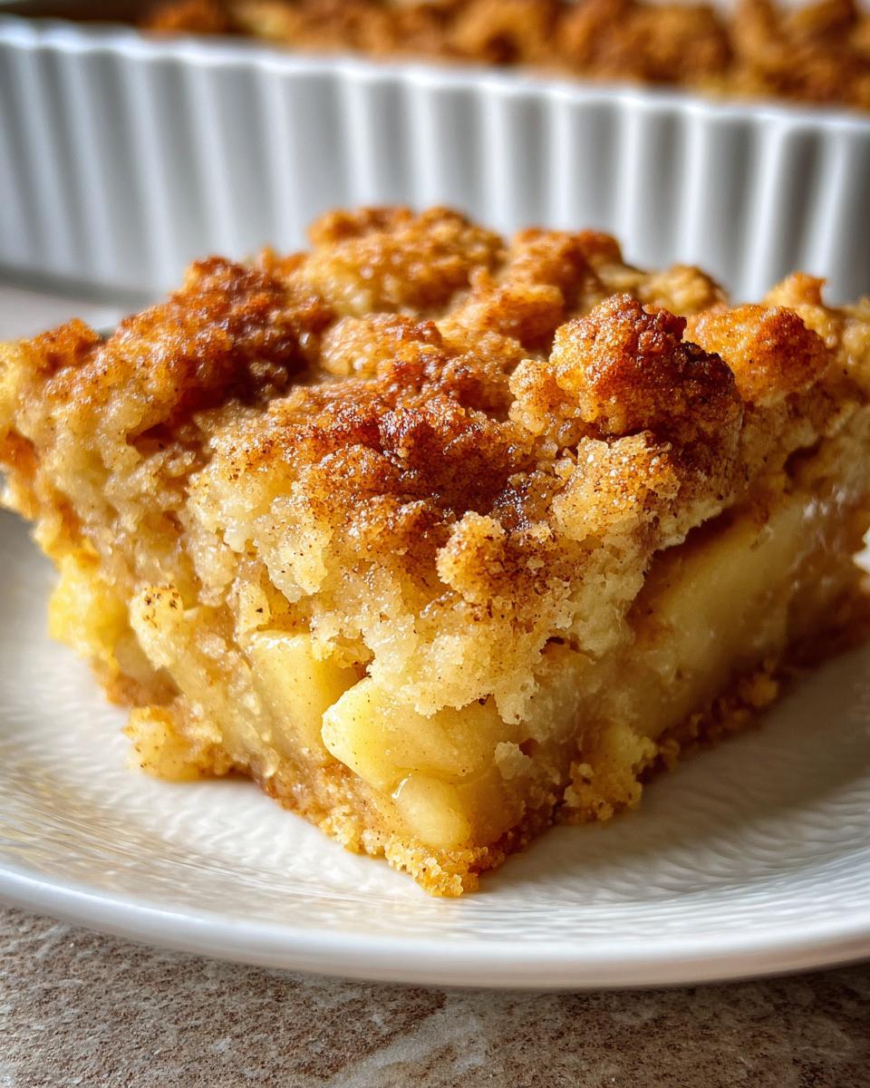 A close-up of a slice of Apple Snickerdoodle Dump Cake on a white plate, showing tender apple chunks and a cinnamon-sugar crumble topping.