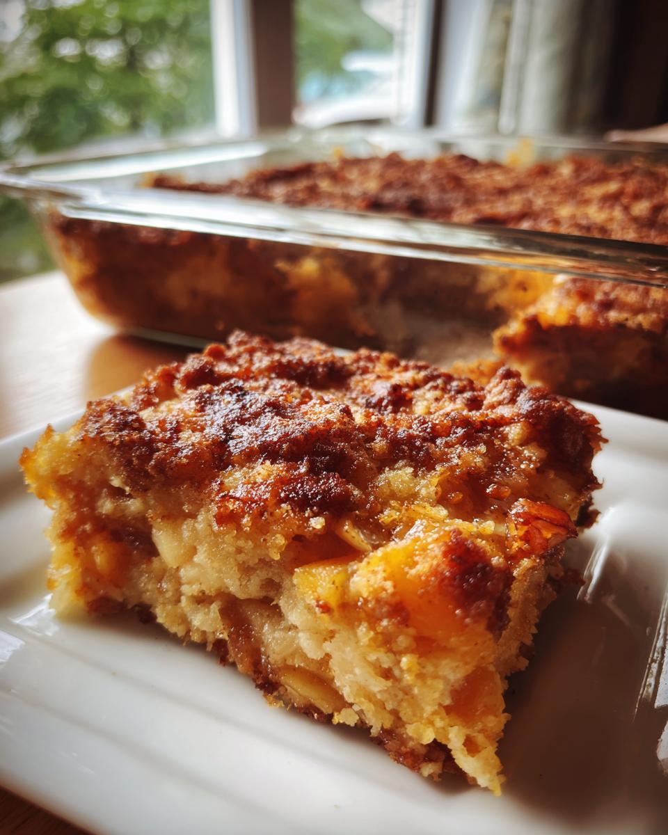 A close-up of a slice of Apple Snickerdoodle Dump Cake on a white plate, showing tender apples and a cinnamon crumb topping.