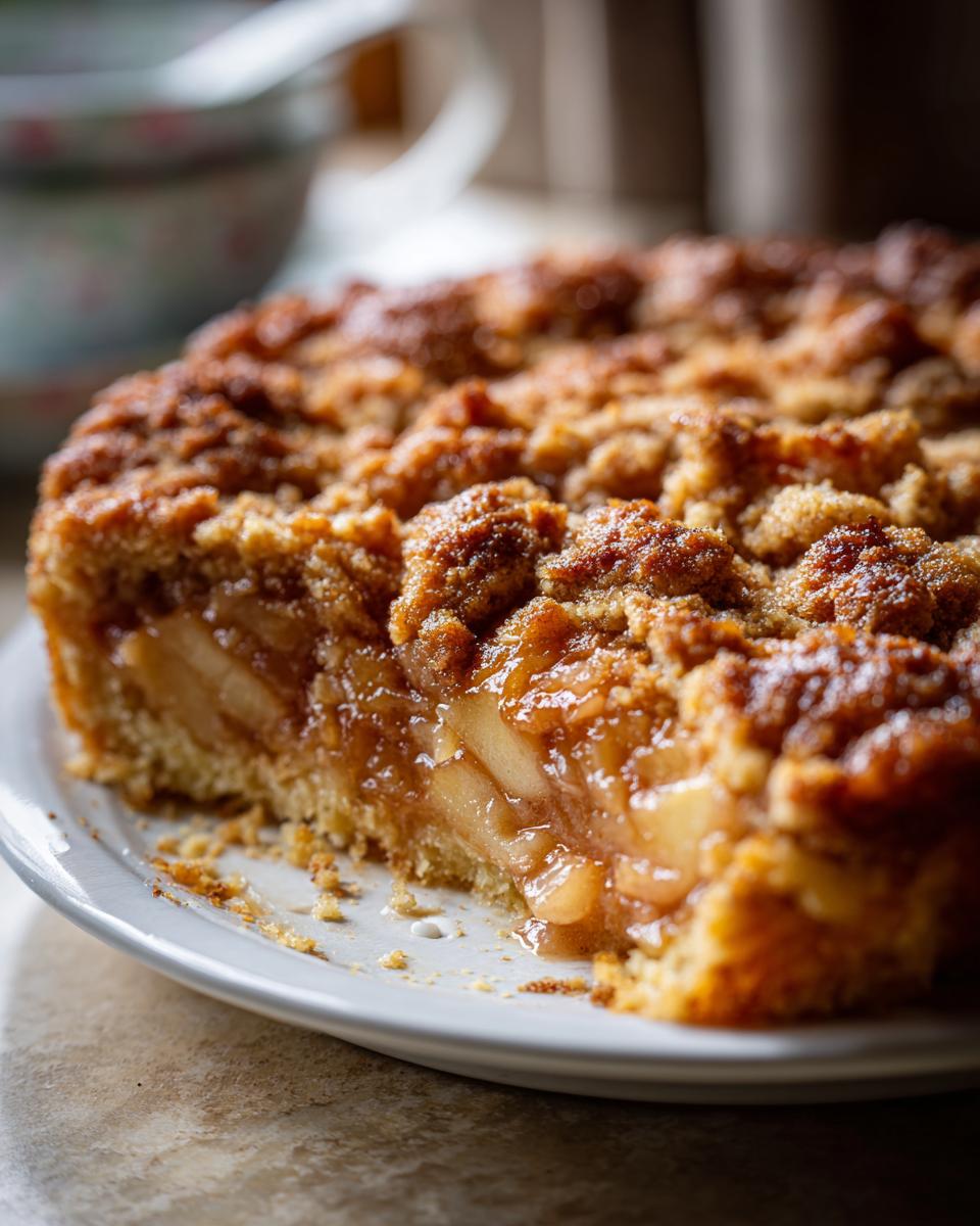 Close-up of a slice of Apple Snickerdoodle Dump Cake on a white plate, showing tender apple filling and a crumbly topping.